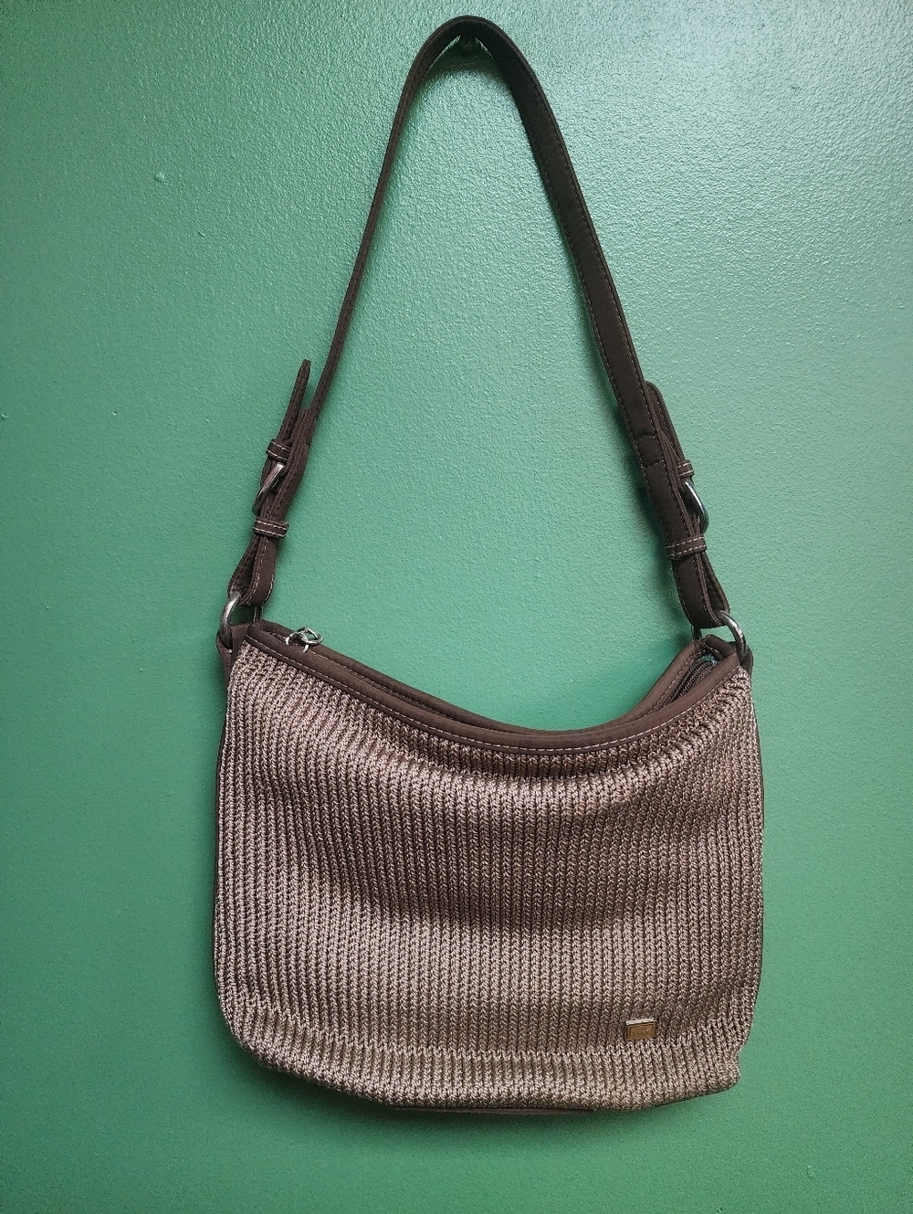 The Sak Crochet Shoulder Bag Brown Knit Leather Trim Boho Hobo Purse
